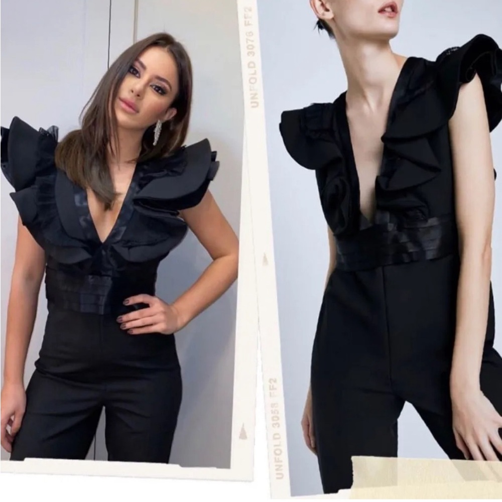 Zara Jumpsuit with Ruffled Sleeves Black Size M NEW with tags $90.00